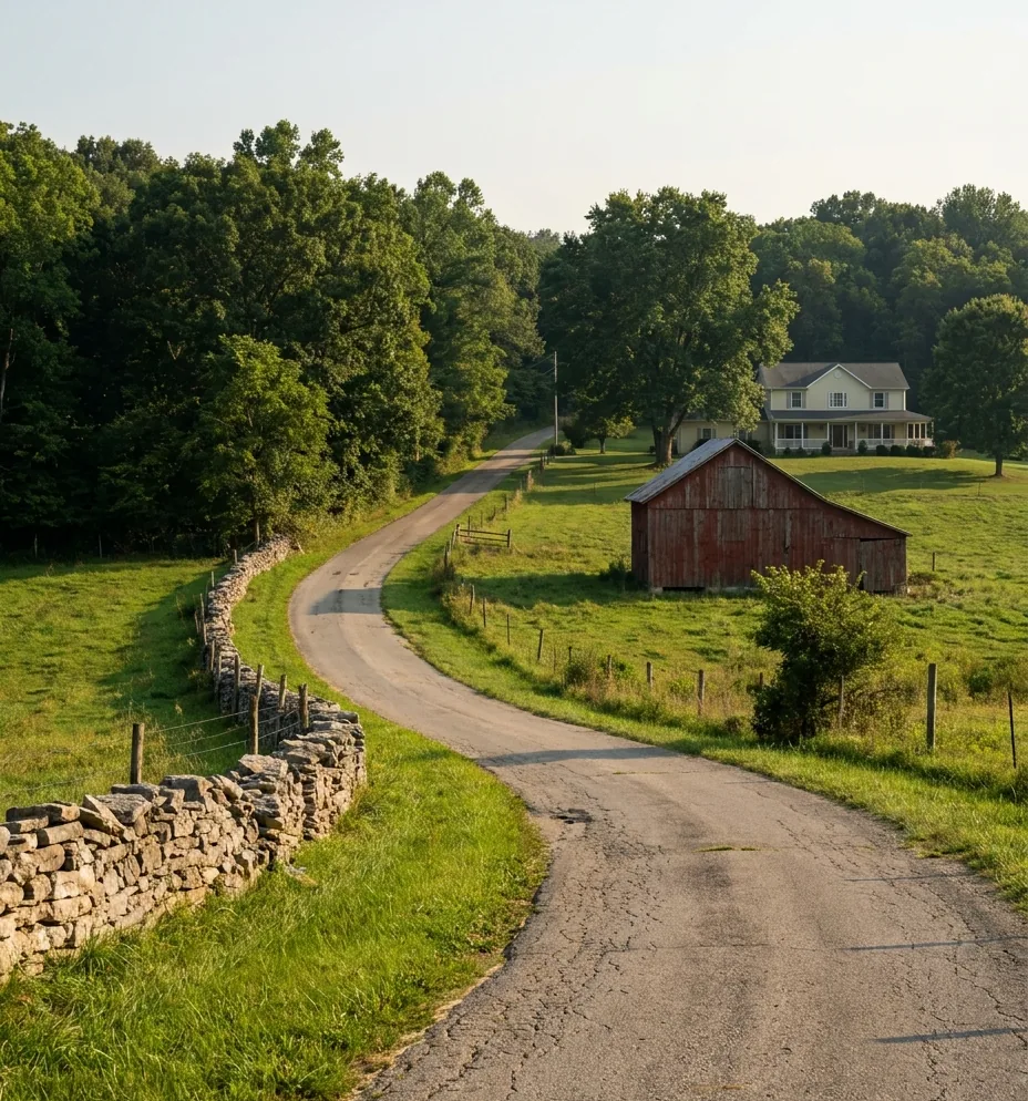 Rolling hills and a country road in Southern Indiana Country road winding past a limestone field wall and a red barn through the wooded rolling hills of Southern Indiana